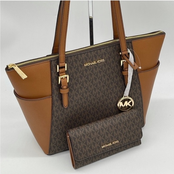 Michael Kors Large Charlotte Tote Bag & Trifold Wallet Leather Brown - Picture 1 of 12